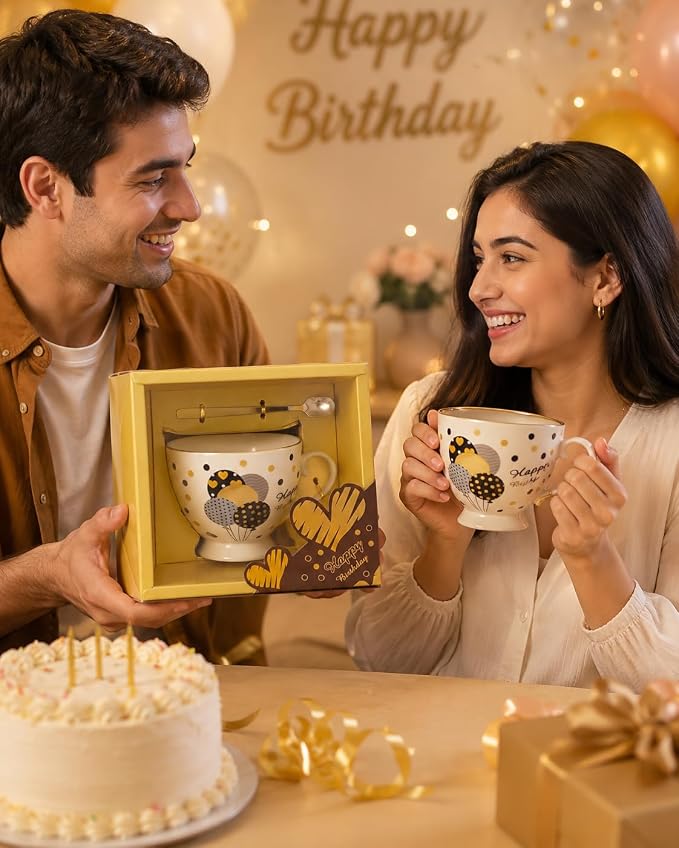 مج سيراميك فاخر بتصميم بالونات ملونة مع ملعقة ذهبية - هدية مثالية للمناسبات