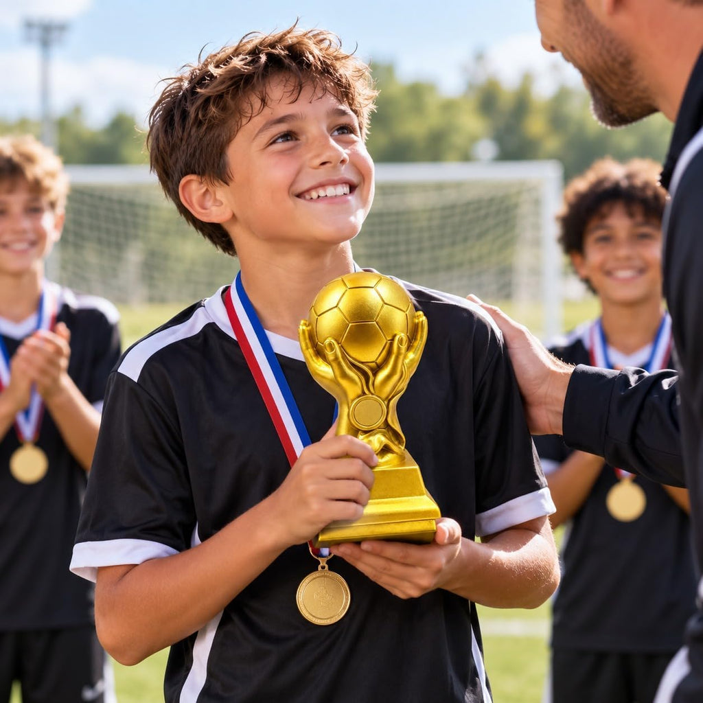 كأس كرة قدم ذهبي للتكريم والبطولات بتصميم كرة محمولة بين اليدين وقاعدة عرض، جائزة رياضية للمسابقات والفرق والمناسبات، مقاس 21 × 11 سم، وزن 869 جم