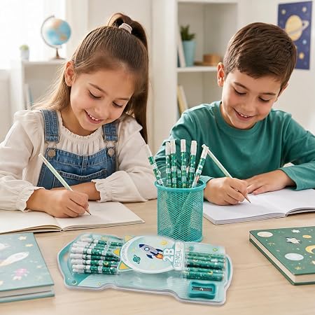 مجموعة أقلام 2B احترافية للكتابة والرسم، 12 قلم مع ممحاة على شكل نجمة ومبراة، تصميم مريح لليد، مناسب للمدرسة والمكتب والفنون - اخضر