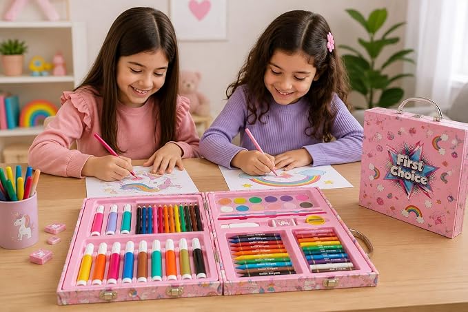 مجموعة أدوات رسم وفنون للكبار، حقيبة محمولة زرقاء متكاملة تضم 67 قطعة تشمل أقلام فلوماستر، ألوان خشبية، ألوان شمع، وألوان مائية من