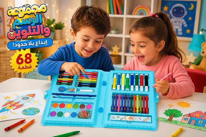 مجموعة أدوات رسم وفنون للكبار، حقيبة محمولة زرقاء متكاملة تضم 68 قطعة تشمل أقلام فلوماستر، ألوان خشبية، ألوان شمع، وألوان مائية من