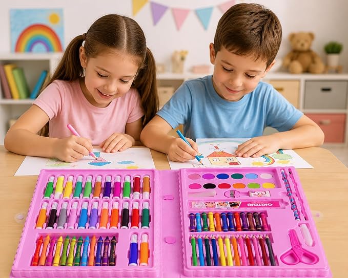 شنطة رسم وتلوين للأطفال 86 قطعة، أدوات فنية متكاملة مع ألوان خشبية، مائية وفلوماستر، حقيبة حمل عملية مجموعة فنية متكاملة (86 قطعة): تشكيلة واسعة وشاملة من أدوات الرسم والتلوين لتلبية جميع احتياجات الطفل الإبداعية في مكان واحد.