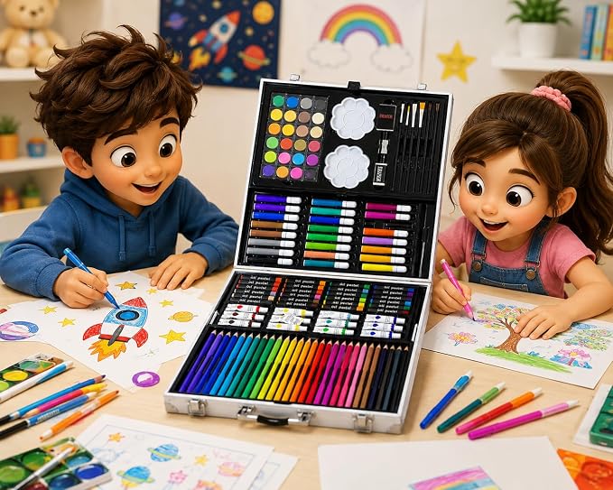 حقيبة ألوان فنية شاملة للكبار، مجموعة رسم متكاملة تحتوي على ألوان خشبية، ألوان مائية، ألوان باستر، وأقلام تلوين مع حقيبة معدنية متينة بتصميم رائع