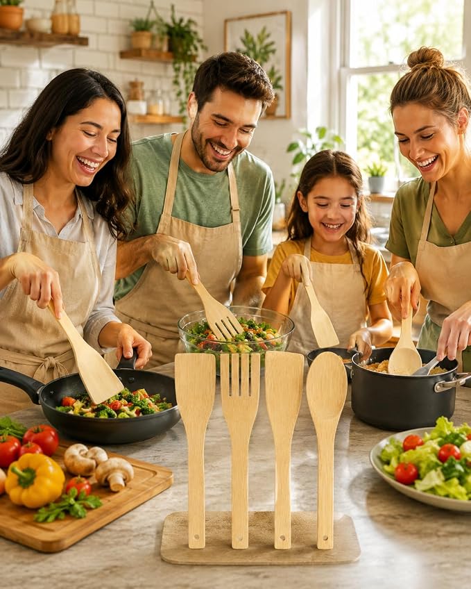 طقم أدوات مطبخ خشب بامبو طبيعي 4 قطع - ملاعق طهي وتقليب مقاومة للخدش وآمنة على الأواني غير اللاصقة - صديقة للبيئة (طول 35 سم)