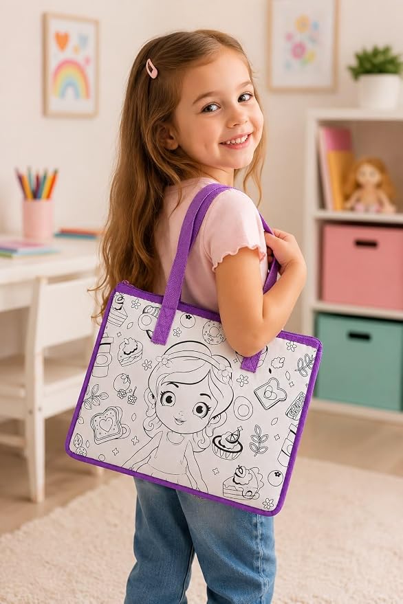 حقيبة تلوين للأطفال من First Choice، شنطة رسم قماشية مع أقلام تلوين قابلة للغسل، أشكال متنوعة لتنمية الإبداع والمهارات الفنية، هدية مثالية للبنات والأولاد