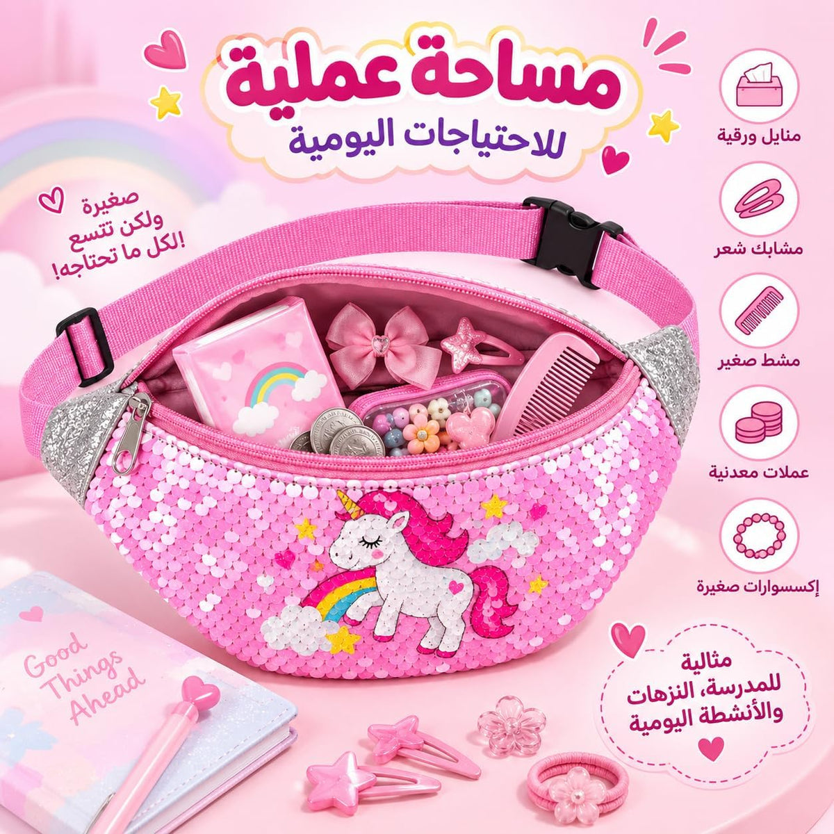 شنطه كروس (فاني باك) للأطفال والفتيات بتصميم يونيكورن لامع، شنطة صدر كروس بودي من الترتر القلاب، حزام قابل للتعديل، مثالية للسفر والمدرسة والأنشطة الخارجية بالون الوردي