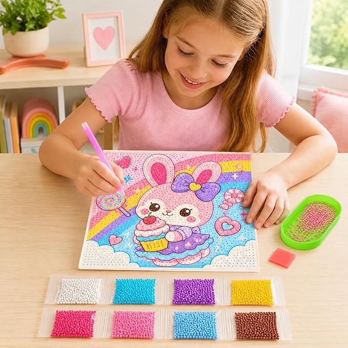 طقم لوحة الرسم بالماس خماسية الأبعاد للأطفال من إيزي-آرت، تصميم أرنب كيوت مع كب كيك وبالونات، هواية يدوية تعليمية وفنية، هدية مثالية للبنات