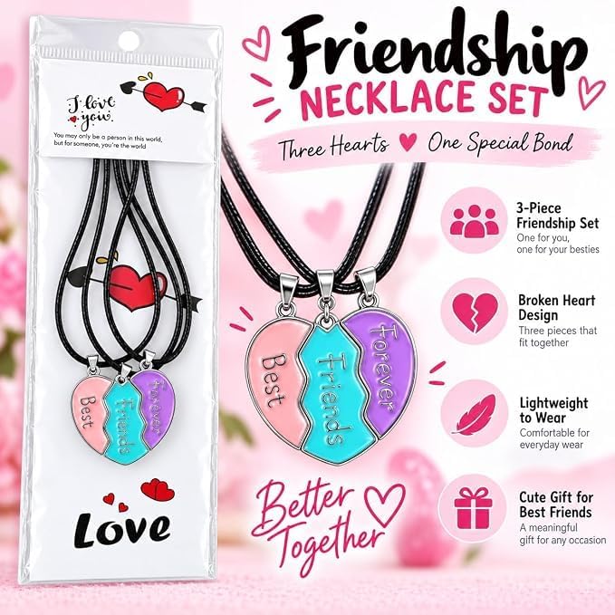 First Choice قلادة صداقة ثلاثية بتصميم قلب مقسم Best Friends Forever ثلاث قطع متصلة, ألوان زهري وأخضر وبنفسجي, سلسلة فضية وذهبية, مقاس 2.7×2.4 سم, إكسسوار للمقربين