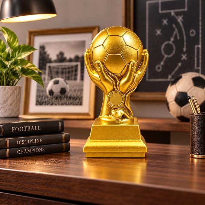 كأس كرة قدم ذهبي للتكريم والبطولات بتصميم كرة محمولة بين اليدين وقاعدة عرض، جائزة رياضية للمسابقات والفرق والمناسبات، مقاس 21 × 11 سم، وزن 869 جم