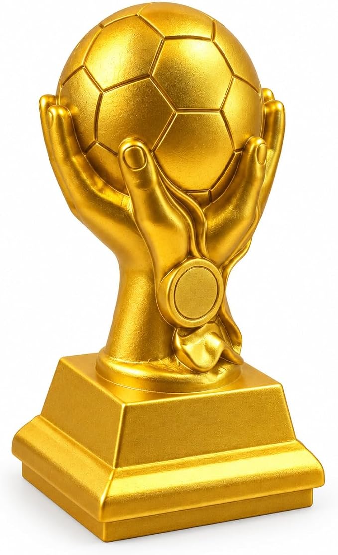 كأس كرة قدم ذهبي للتكريم والبطولات بتصميم كرة محمولة بين اليدين وقاعدة عرض، جائزة رياضية للمسابقات والفرق والمناسبات، مقاس 21 × 11 سم، وزن 869 جم