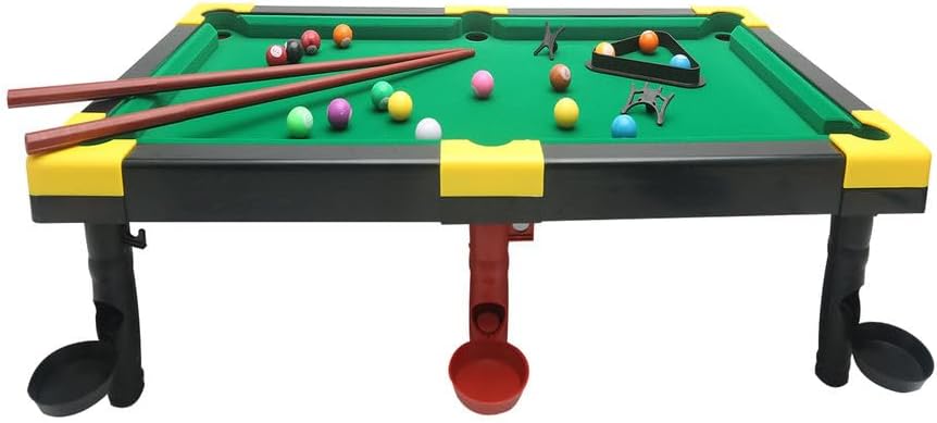 Miniature home billiard table with full accessories and cues for indoor recreation, perfect for children, easy to assemble, includes balls and a triangle, suitable for beginners