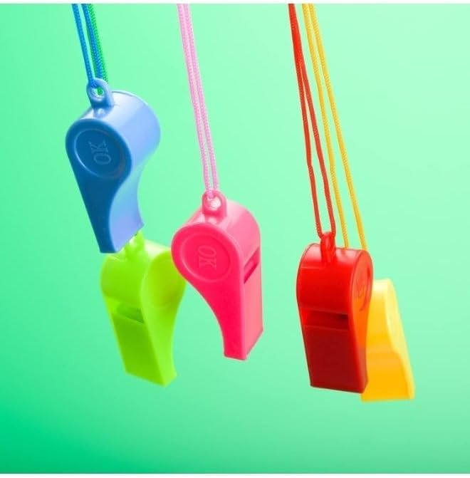 Set of 12 sports whistles with clip and lanyard
