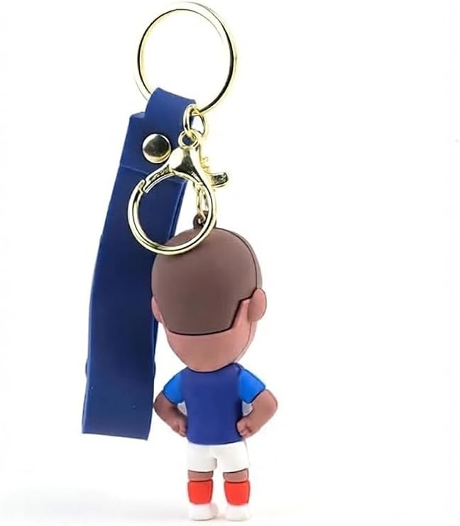 First Choice keychain with a unique football player design, gold-colored metal ring, blue strap with a ball design, made of rubber, one piece
