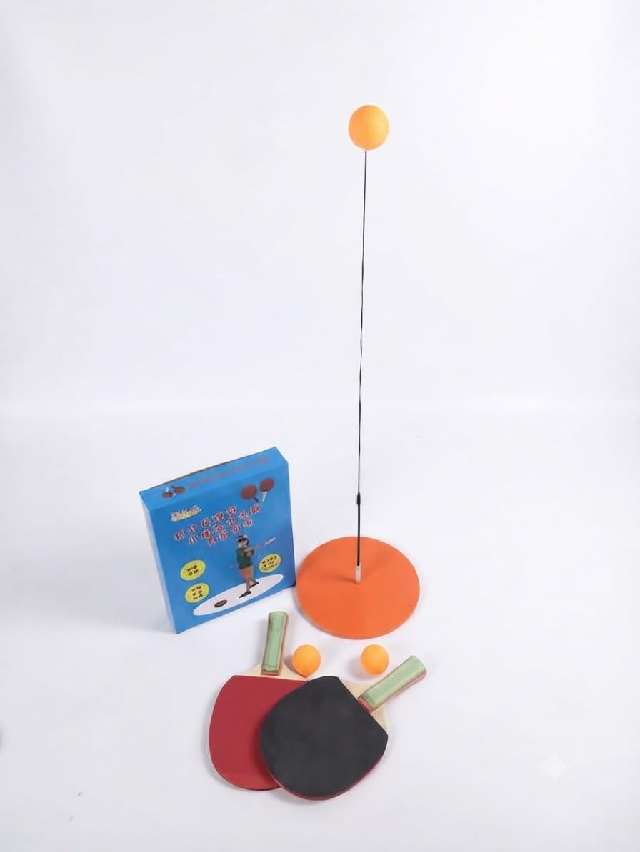 Table tennis training set with flexible shaft, paddle, and balls
