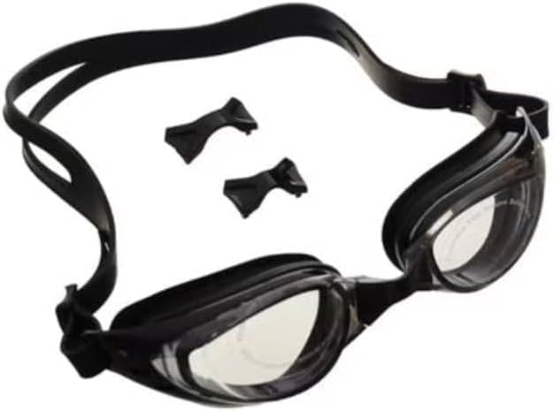Professional anti-fog swimming goggles with earplugs and an adjustable flexible strap for men, women, and children. (Black)