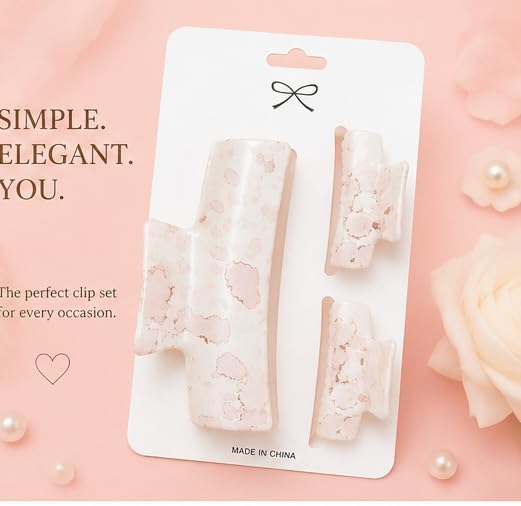 Hair Clips, 3-Piece Marble-Design Set, 1 Large Clip and 2 Small Clips - from First Choice (Pink)