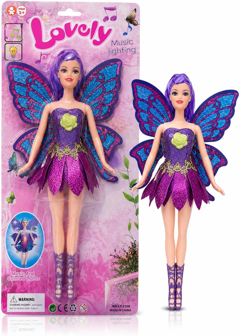 38 cm fairy doll with butterfly wings, music, and lights