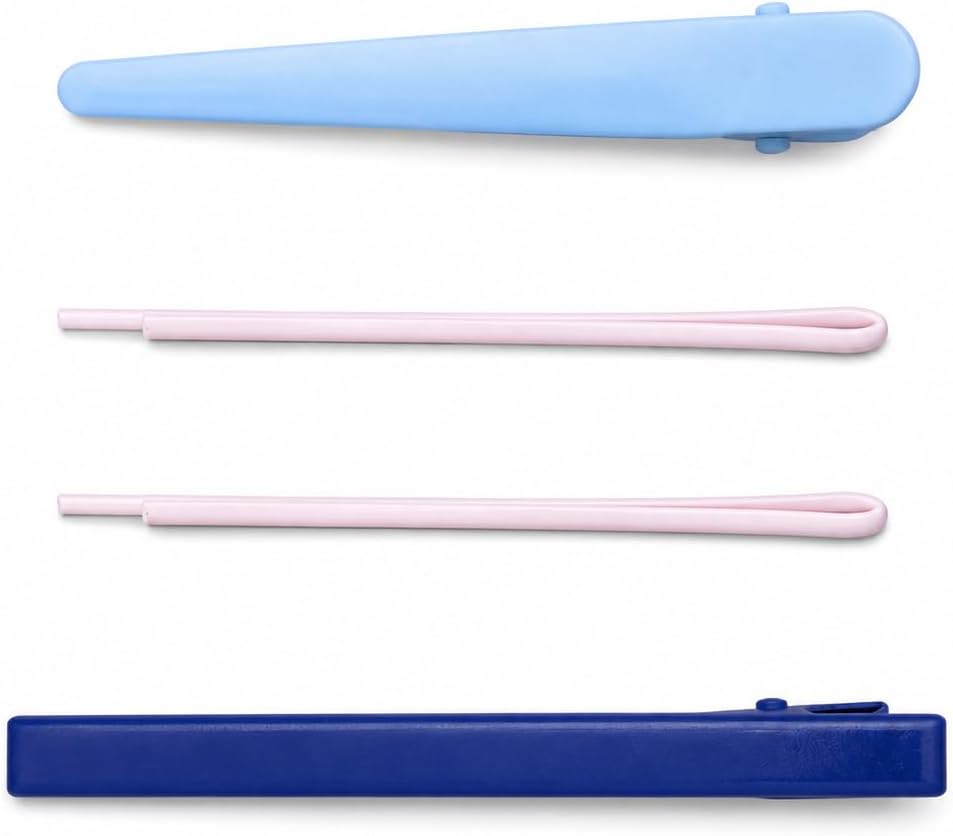 4-piece hair tie and clip set in blue and pink, including two clips and two pins, with a matching design, durable shape, easy to use, for hairstyling