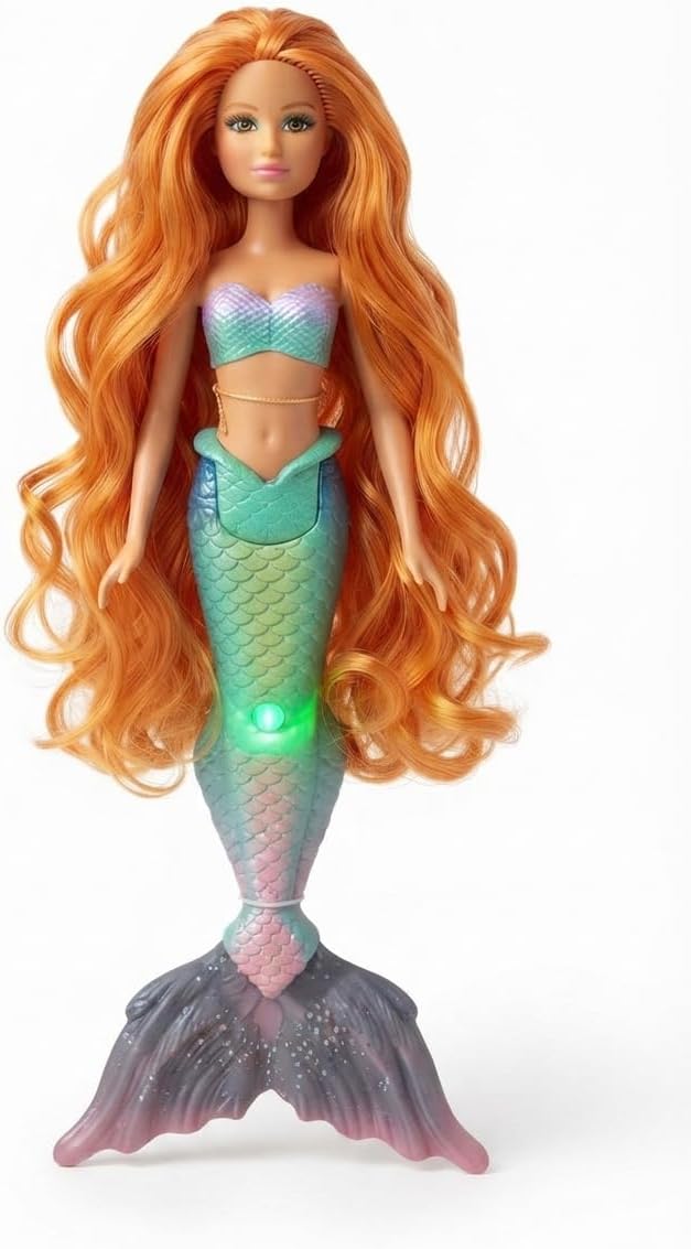 First Choice Light-Up Mermaid Doll with Long Hair for Kids, Colorful Lights, Long Curly Hair, Height 35 cm, Charming Design, Multiple Colors