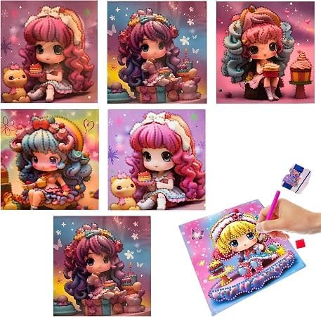 2-in-1 Diamond Painting and Coloring Kit for Kids, 6 Pieces