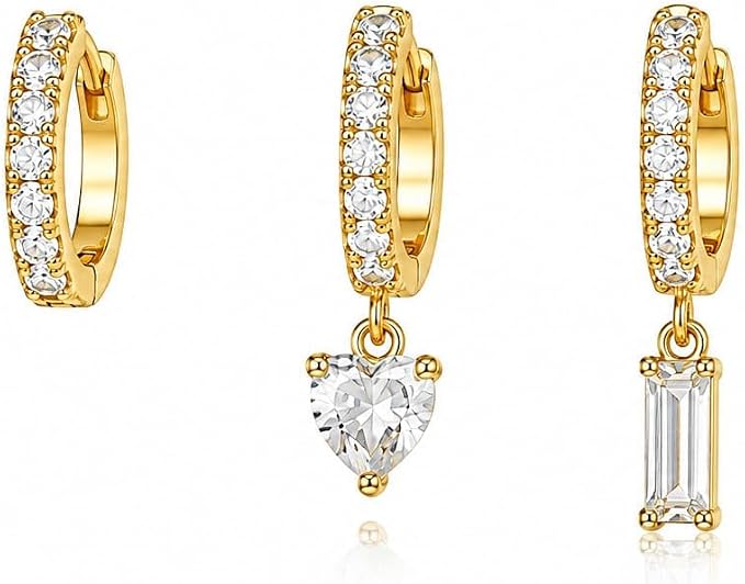 Small drop hoop earrings for women, stainless steel, unique carat, cubic zirconia set, 3-piece set (plain earring, heart pendant, rectangular pendant)