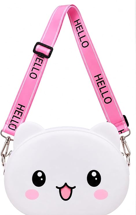 A children's crossbody bag featuring a cute cat design, made of durable, waterproof silicone, with an adjustable wide shoulder strap decorated with a "Hello" print, perfect for everyday use and gifts.