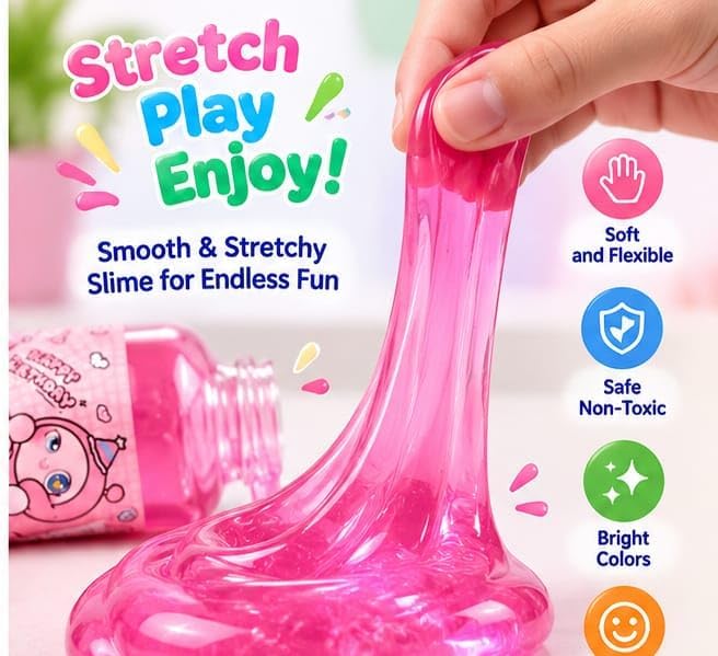 Pink transparent crystal slime with a stretchy texture in a resealable container