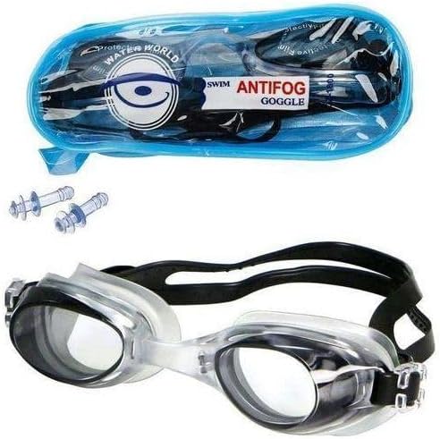 Professional anti-fog swimming goggles with earplugs and an adjustable flexible strap for men, women, and children. (Black)