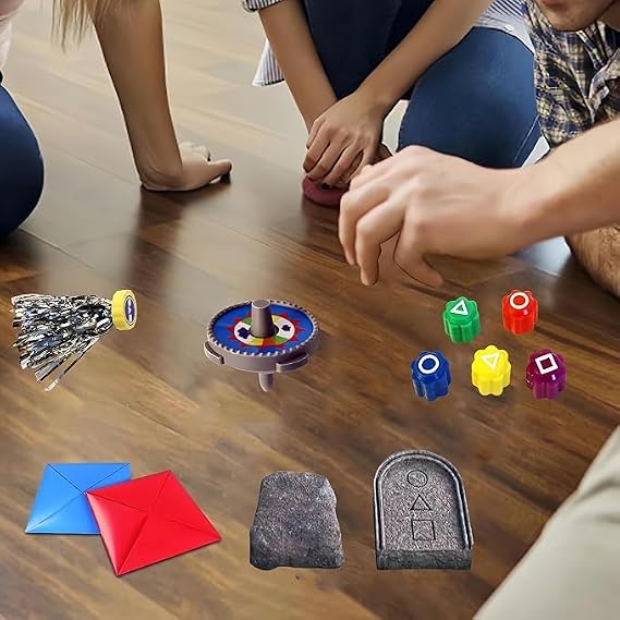 Traditional Korean party game set including spinning tops and interactive cards