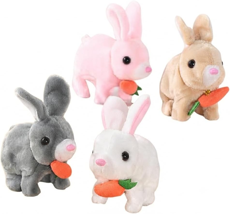 Interactive electronic plush bunny toy with a carrot, a moving stuffed animal that jumps and moves, robotic pet, soft and plush, various colors, one piece