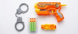 Foam dart blaster with 3 darts, toy handcuffs, and waist holster