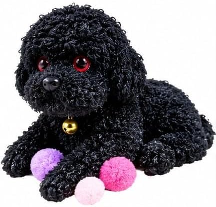 Dog-shaped squishy toy with a bell and colorful balls, 13×8 cm