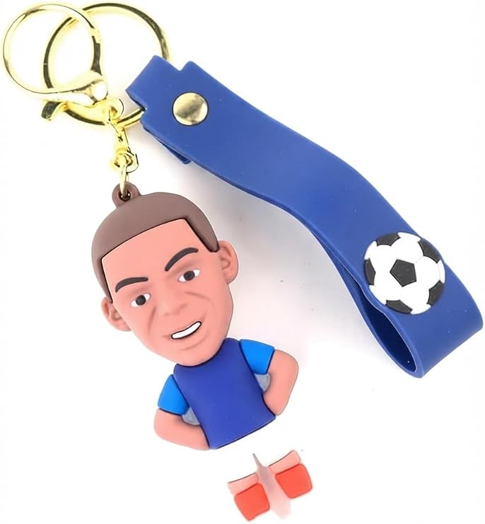 First Choice keychain with a unique football player design, gold-colored metal ring, blue strap with a ball design, made of rubber, one piece