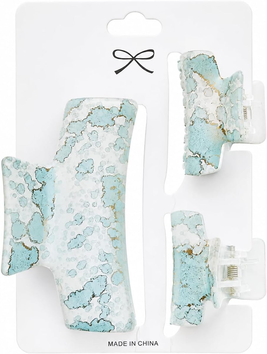 Hair Clips, 3-Piece Marble-Design Set, 1 Large Clip and 2 Small Clips - from First Choice (Blue)
