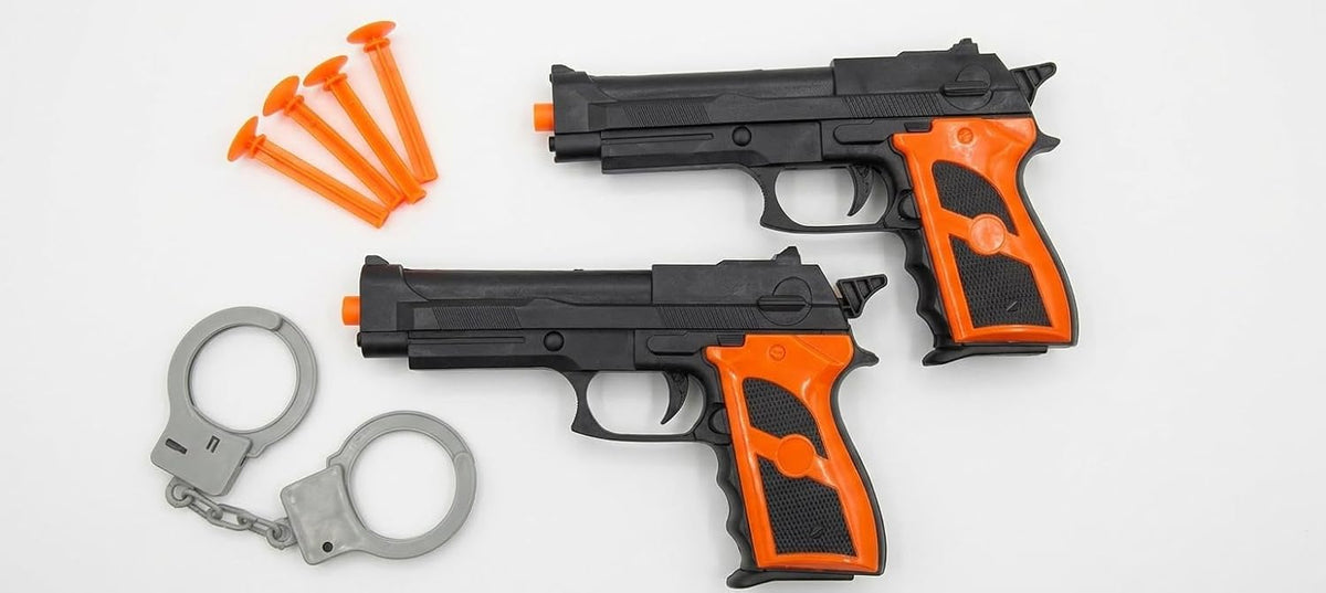 Target shooting set with two launchers, round targets, suction cup arrows, and hand restraints, suitable for costume parties, photography, and youth challenge games.