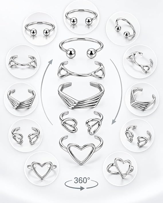 A 5-piece set of modern women's rings from First Choice, featuring hinged and adjustable midi rings with geometric and heart designs—a stylish, comfortable fashion accessory for everyday looks and special occasions.