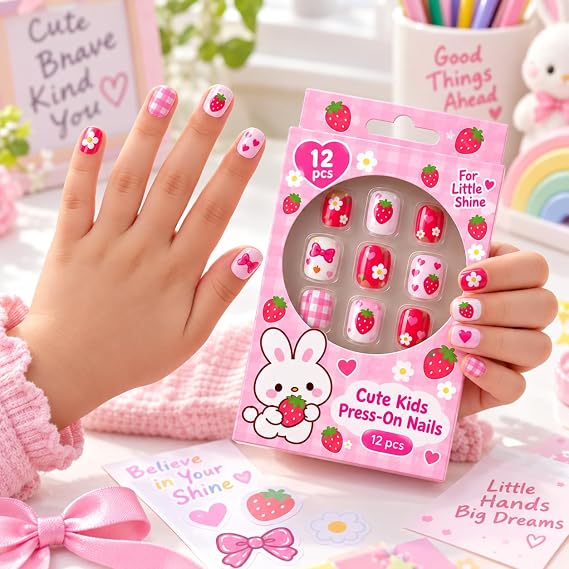 Artificial nails for children, 12-piece pack with cartoon designs