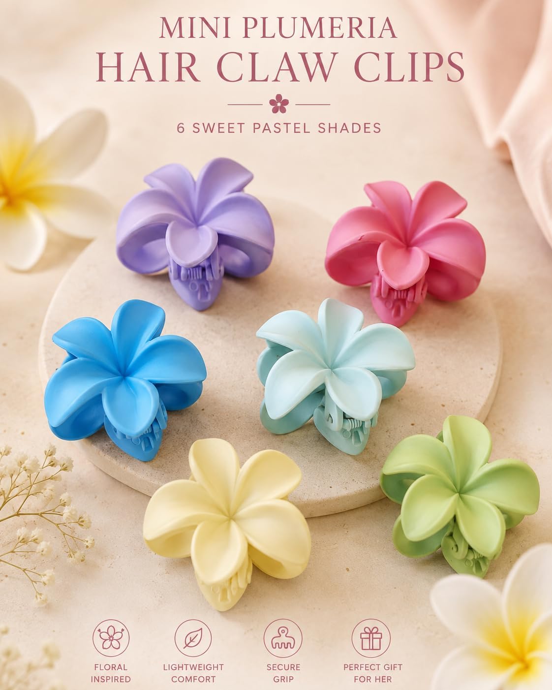 Set of 6 matte flower hair clips, 4×4 cm size