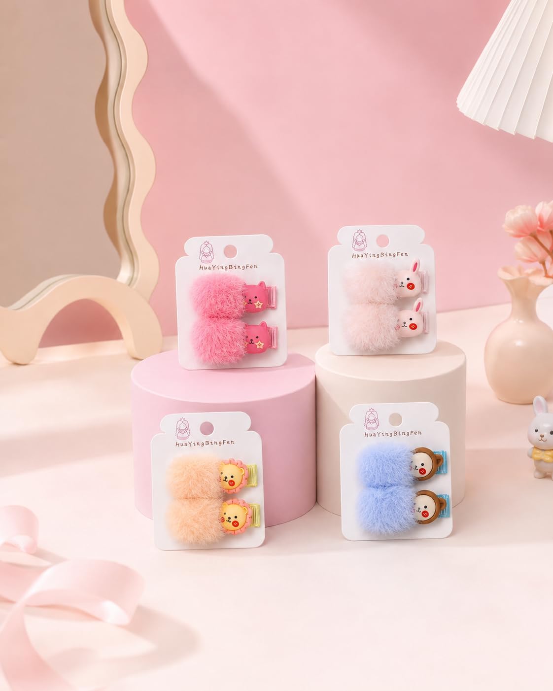 Hair clips for children and girls with fur ball designs and cute animal shapes, fabric-covered woven headband and clips for hairstyling - two pieces in assorted styles