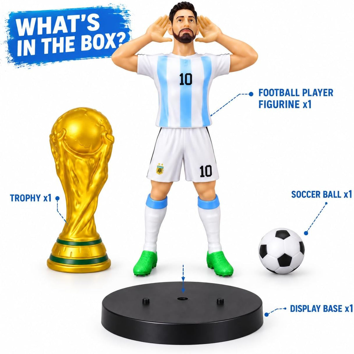 Football player figurine with a trophy, ball, and display base