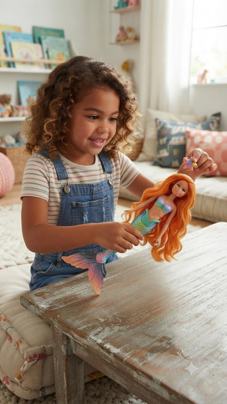 First Choice Light-Up Mermaid Doll with Long Hair for Kids, Colorful Lights, Long Curly Hair, Height 35 cm, Charming Design, Multiple Colors