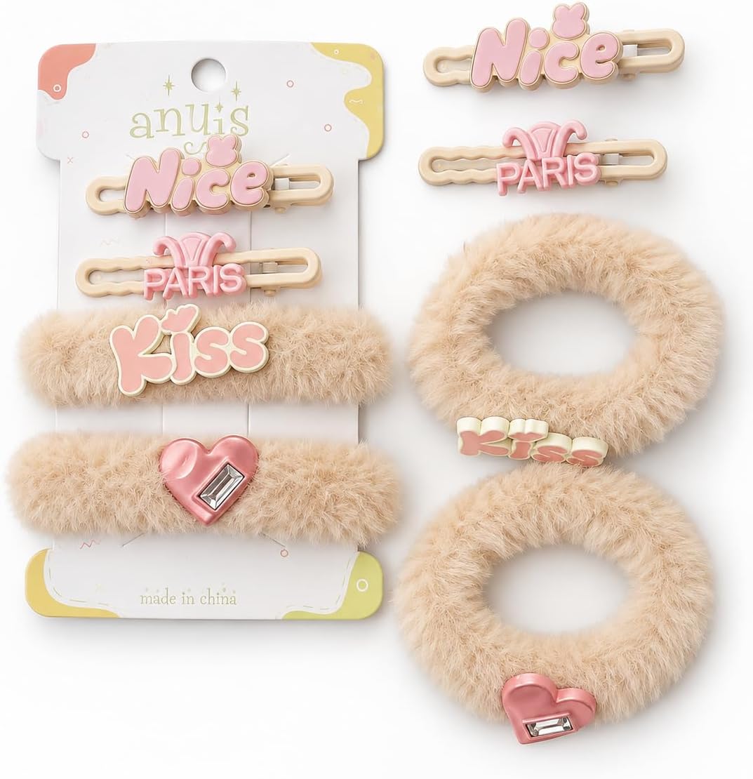 4-Piece Furry Hair Accessories Set and Clips with Nice/Paris/Kiss Prints