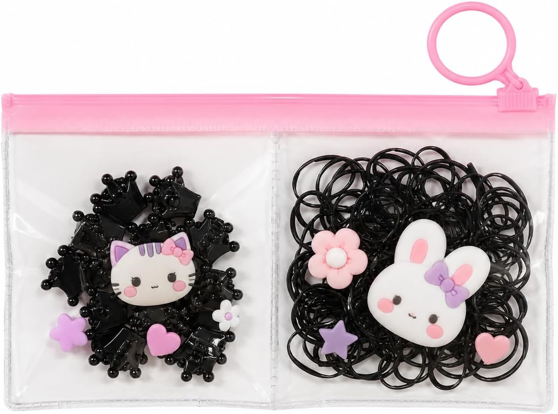 Set of silicone hair ties and clips for kids with a transparent pouch