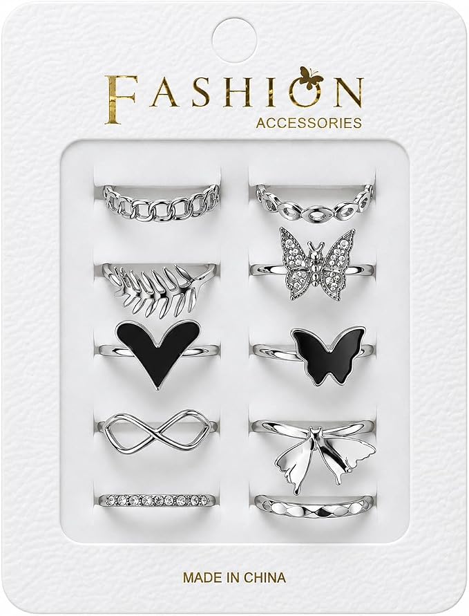 Set of 10 women's rings with assorted designs (butterfly, heart, and others)
