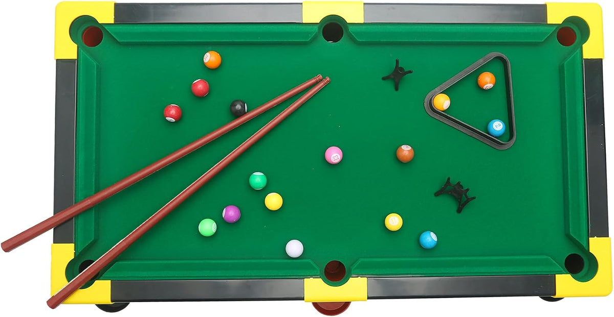 Miniature home billiard table with full accessories and cues for indoor recreation, perfect for children, easy to assemble, includes balls and a triangle, suitable for beginners