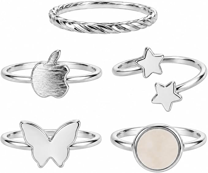 Women's 5-Piece Modern Ring Set, Lightweight and Comfortable Fashion Accessories for Everyday Looks from First Choice - Silver