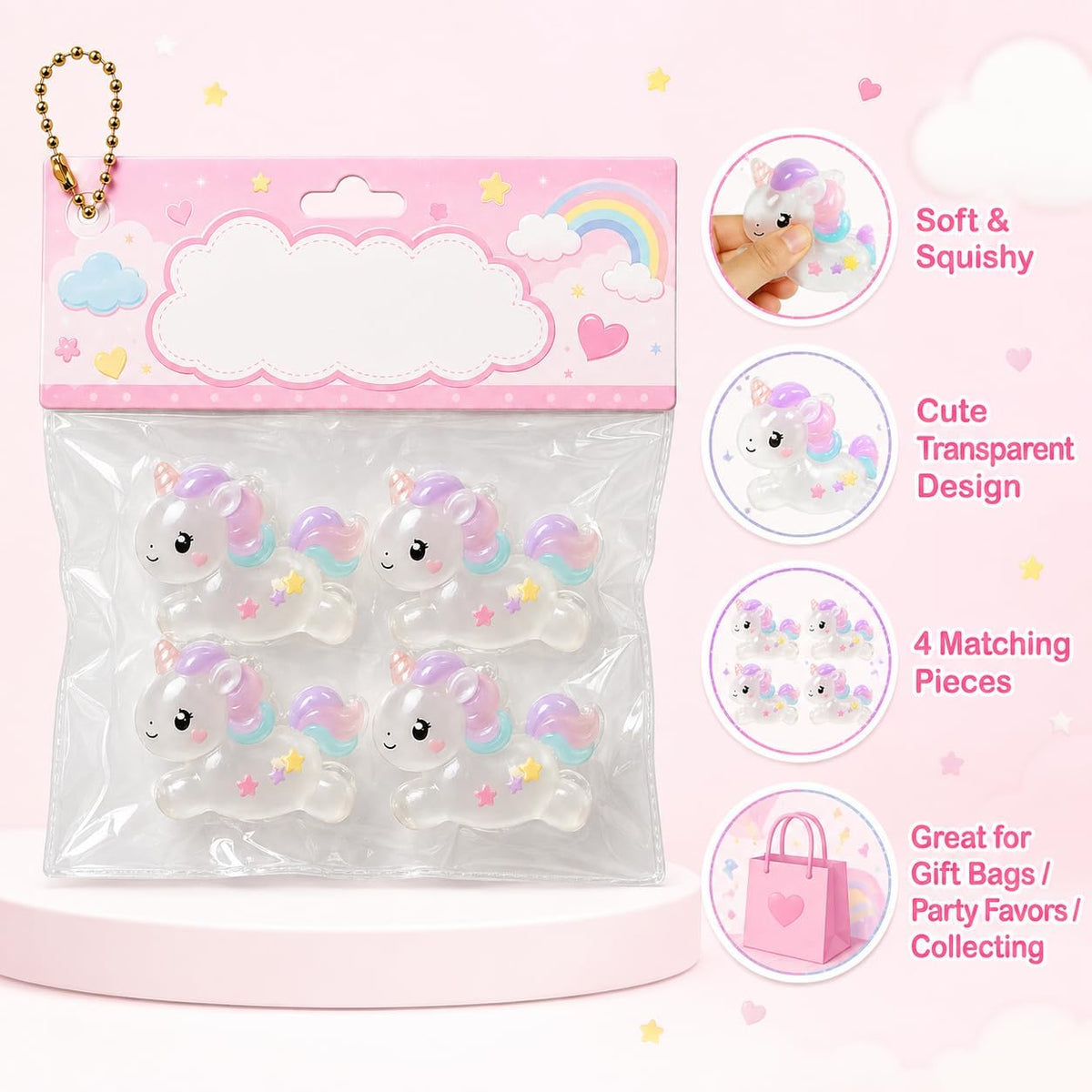 Squishy Unicorn Squeeze Toys, Soft and Cute Backpack Charms for Birthday Gifts and Kids' Party Favors (Set of 4)