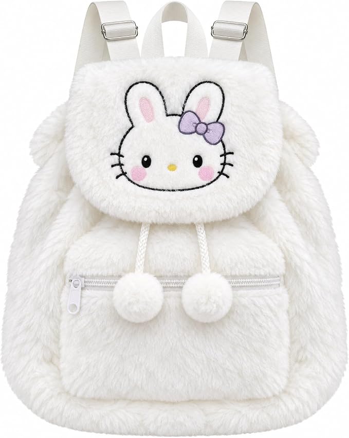 Velvet backpack from First Choice with a cute animal design - lightweight soft fur bag with decorative pom-poms and adjustable straps for everyday use and trips (32×32 cm)