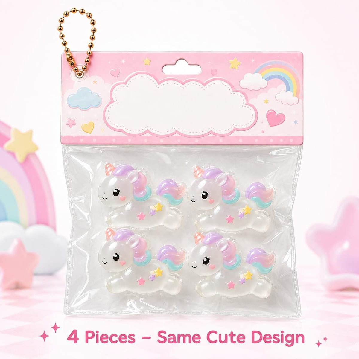 Squishy Unicorn Squeeze Toys, Soft and Cute Backpack Charms for Birthday Gifts and Kids' Party Favors (Set of 4)