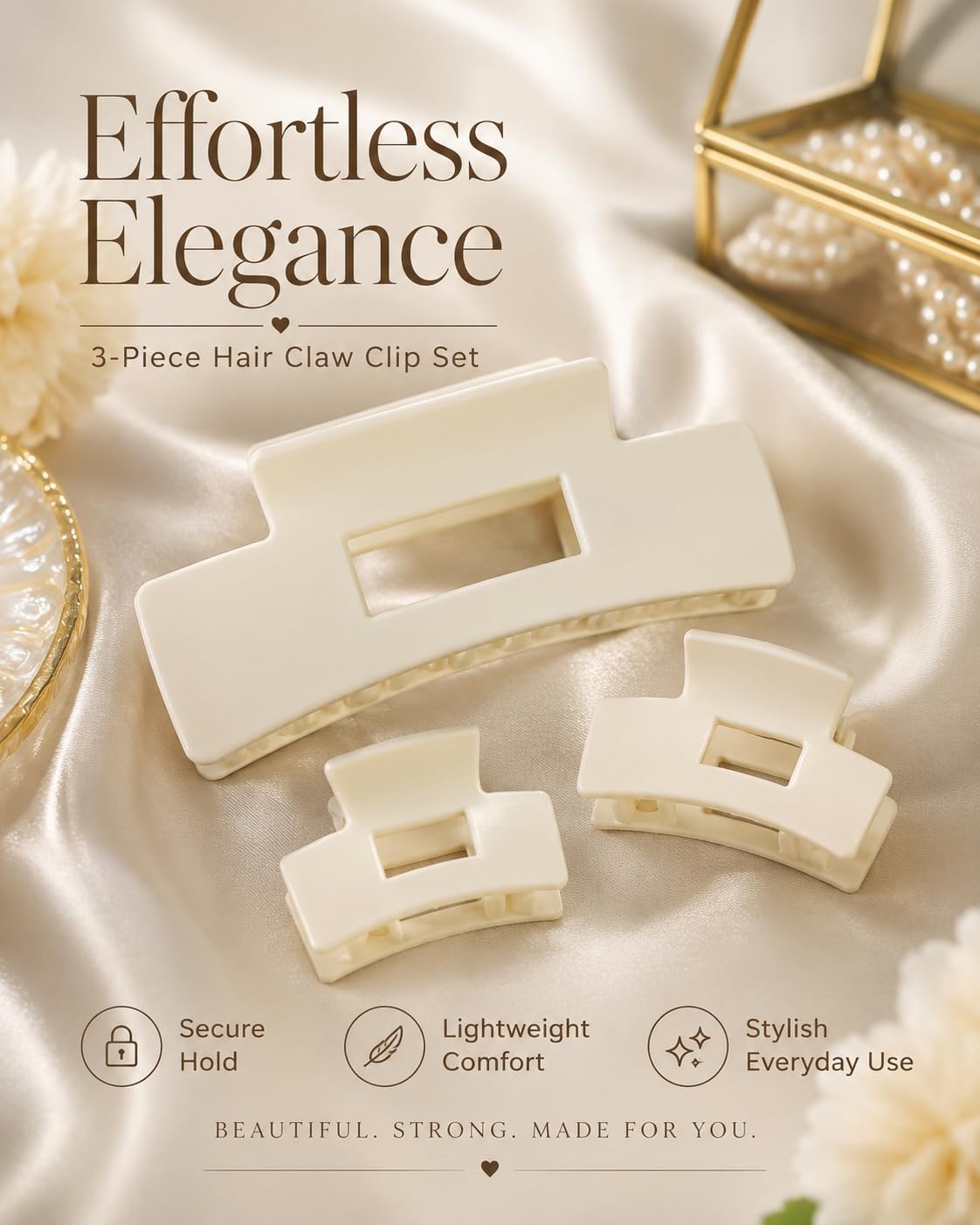 Matte acrylic hair clips for an elegant and modern hold, a 3-piece set in various sizes, a durable and comfortable accessory for women and girls.